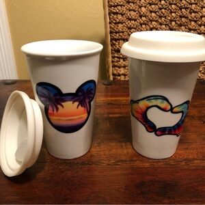 2 Super Cute Mickey Mouse Ceramic 8 oz Coffee/Tea Cup Travel Tumbler w/Lid